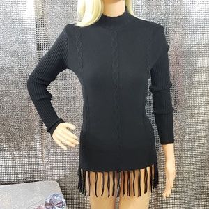 Black Knit High Collar/Turtleneck Fringe Tunic